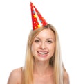 Portrait of happy young woman in party cap Royalty Free Stock Photo