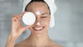 Portrait of happy young woman recommend facial cream Royalty Free Stock Photo