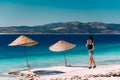 Portrait of happy young woman smiling at sea. Summer vacation concept. Beautiful young brunette on a tropical beach. Beautiful Royalty Free Stock Photo