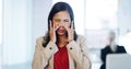 Portrait, hayfever and a business woman rubbing her nose in pain during a work break in her office. Sick, allergies and