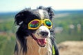 Portrait of head of Black and white dog,border collie, with yellow sunglasses Royalty Free Stock Photo