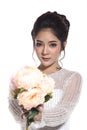 Lovely Asian Beautiful Woman bride in white wedding gown dress w Royalty Free Stock Photo