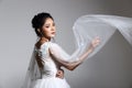 Lovely Asian Beautiful Woman bride in white wedding gown dress w Royalty Free Stock Photo