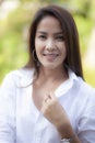 Portrait headshot of beautiful asian younger woman toothy smiling face happiness emotion Royalty Free Stock Photo