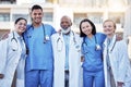 Portrait, healthcare and doctors with nurses in medicine standing outside a hospital as a team you can trust. Medical Royalty Free Stock Photo