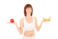 Portrait of healthy woman with apple and banana