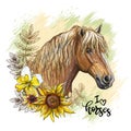 Portrait of a heawy draft horse and leaves vector illustration isolated