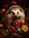 Portrait of a hedgehog with flowers and floral arrangements