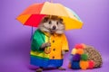 Portrait of a hedgehog wearing a raincoat and an umbrella in studio, colorful background. Autumn concept. Generative AI