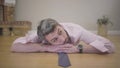 Portrait of henpecked husband or boyfriend laying on the floor. Beautiful female legs in red high-heel shoes passing by