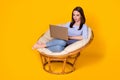 Portrait of her she attractive pretty focused girl sitting in comfy wicker chair using laptop chatting client support e