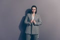 Portrait of her she cool beautiful attractive classy bossy lady busy body shark wearing checked blazer qualified Royalty Free Stock Photo