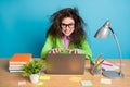 Portrait of her she nice attractive crazy genius diligent cheerful girl studying hard typing isolated over bright blue