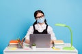 Portrait of her she nice attractive creative minded smart clever girl wearing safety mask working on laptop stay home Royalty Free Stock Photo