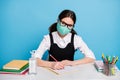 Portrait of her she nice attractive diligent girl in reusable safe mask sitting doing home work quarantine clean neat