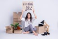 Portrait of her she nice attractive fired miserable lady creative specialist expert designer holding paper poster saying