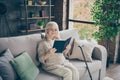 Portrait of her she nice attractive focused calm gray-haired lady sitting on divan reading interesting love story