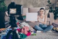 Portrait of her she nice attractive girl sitting on floor holding in hand white board workshop chores household Royalty Free Stock Photo