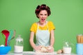 Portrait of her she nice attractive glamorous angry fury mad irritated housewife cooking kneading dough on table desk