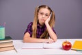 Portrait of her she nice attractive lovely charming cute gloomy intellectual girl attending class work boring lesson