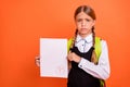 Portrait of her she nice attractive lovely disappointed unlucky pre-teen blonde girl showing bad fiasco mark score first Royalty Free Stock Photo