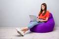 Portrait of her she nice attractive lovely focused smart clever girl IT company startup founder sitting in bag chair