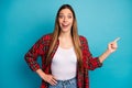 Portrait of her she nice attractive lovely positive glad cheerful cheery long-haired girl wearing checked shirt