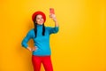 Portrait of her she nice attractive lovely pretty cheerful cheery girl stylist image maker making taking selfie having Royalty Free Stock Photo