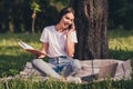 Portrait of her she nice attractive pretty cheerful cheery glad girl doing homework discussing task watching video Royalty Free Stock Photo