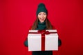 Portrait of her she nice attractive pretty cheerful glad girl holding in hands big large giftbox festal day Eve Noel Royalty Free Stock Photo