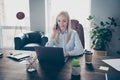 Portrait of her she nice attractive pretty cheerful professional girl ceo boss chief talking on phone discussing finance Royalty Free Stock Photo