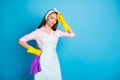 Portrait of her she nice attractive pretty desperate tired maid home keeper cleansing spring-clean service hard job Royalty Free Stock Photo