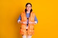 Portrait of her she nice attractive pretty lovely ready cheerful cheery girl sailor wearing inflatable lifesaver water Royalty Free Stock Photo