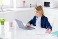 Portrait of her she nice attractive pretty smart clever cheerful small little long-haired girl watching web classes Royalty Free Stock Photo