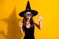 Portrait of her she nice attractive pretty spooky scary lady wizard frightening you trick or treat festive day costume