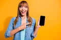 Portrait of her she nice crazy lovely attractive cheerful cheery straight-haired lady pointing showing new device gadget