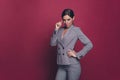 Portrait of her she nice cute chic classy attractive lovely charming fascinating lady wearing gray jacket suit blazer