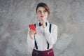 Portrait of her she nice-looking attractive lovely pretty cute creative minded brainy cheery wavy-haired girl using cell Royalty Free Stock Photo