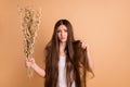 Portrait of her she nice-looking attractive lovely sad gloomy displeased lady holding in hand dried flower disaster