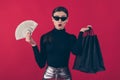 Portrait of her she nice-looking attractive trendy lady holding in hands black bags large budget sum money finance Royalty Free Stock Photo