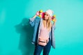 Portrait of her she nice-looking charming cute attractive lovely fashionable content cool girl carrying long board Royalty Free Stock Photo