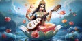 portrait of hindu goddess saraswati mata with her sitar