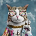Portrait of hippie cat shows peace gesture