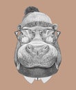 Portrait of Hippo with glasses, hat and bow tie.