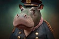 portrait of hippopotamus dressed as a sea captain at the helm