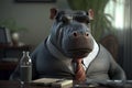 Portrait of a Hippopotamus Dressed in a Formal Business Suit at The Office