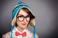 Portrait of Hipster Girl in Funny Winter Hat Royalty Free Stock Photo