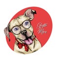 Portrait of hipster pit bull terrier wearing a glasses and tie bow. Vector engraved detailed dog illustration. Hand Royalty Free Stock Photo