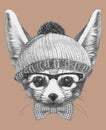 Portrait of Hipster, portrait of Fennec Fox with sunglasses, hat and bow tie, hand-drawn illustration Royalty Free Stock Photo