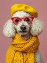 hipster white poodle wearing a yellow knitted beret, a long orange scarf and red glasses on a pink background. Royalty Free Stock Photo